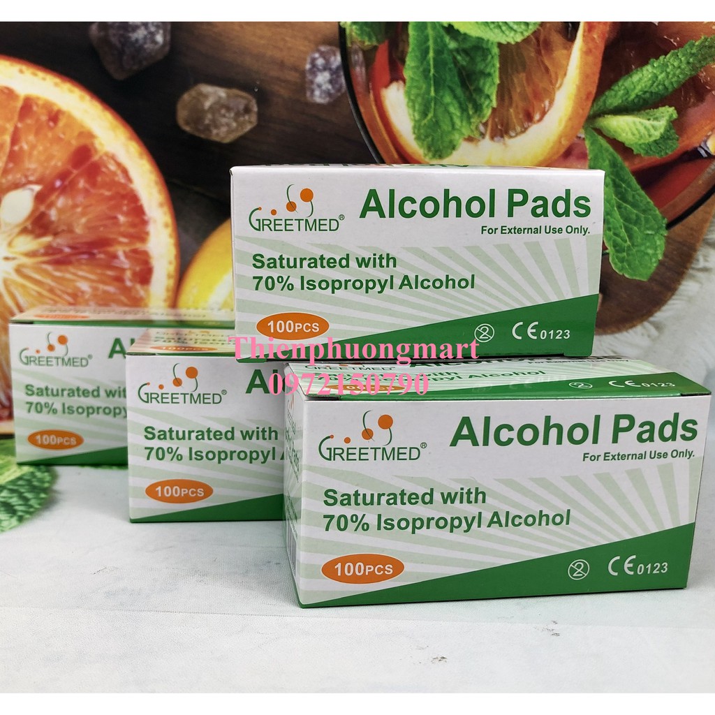 Bông tẩm cồn Greetmeed (Hộp 100 miếng) – Alcohol Pads -Làm sạch da trước khi tiêm, lau điện thoại, lau tay khi mở cửa