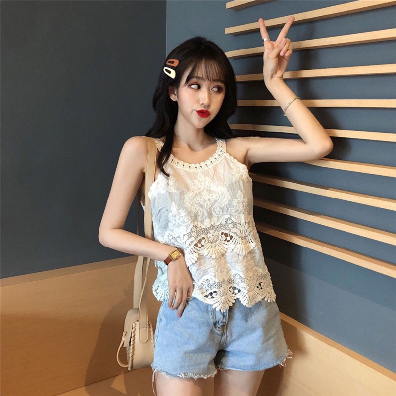 Áo Hai Dây Thêu Hoa Phối Ren Rỗng Phong Cách Harajuku Thời Trang Mùa Hè Cho Nữ