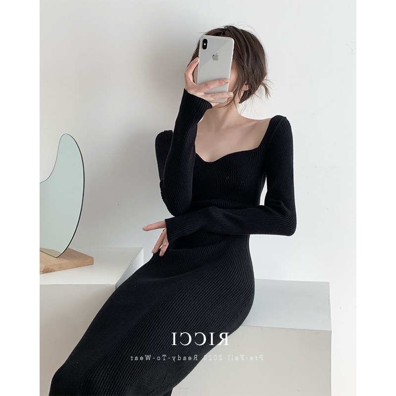 DUNEA Đầm dệt kim đen dáng ôm dài thời trang dành cho nữ