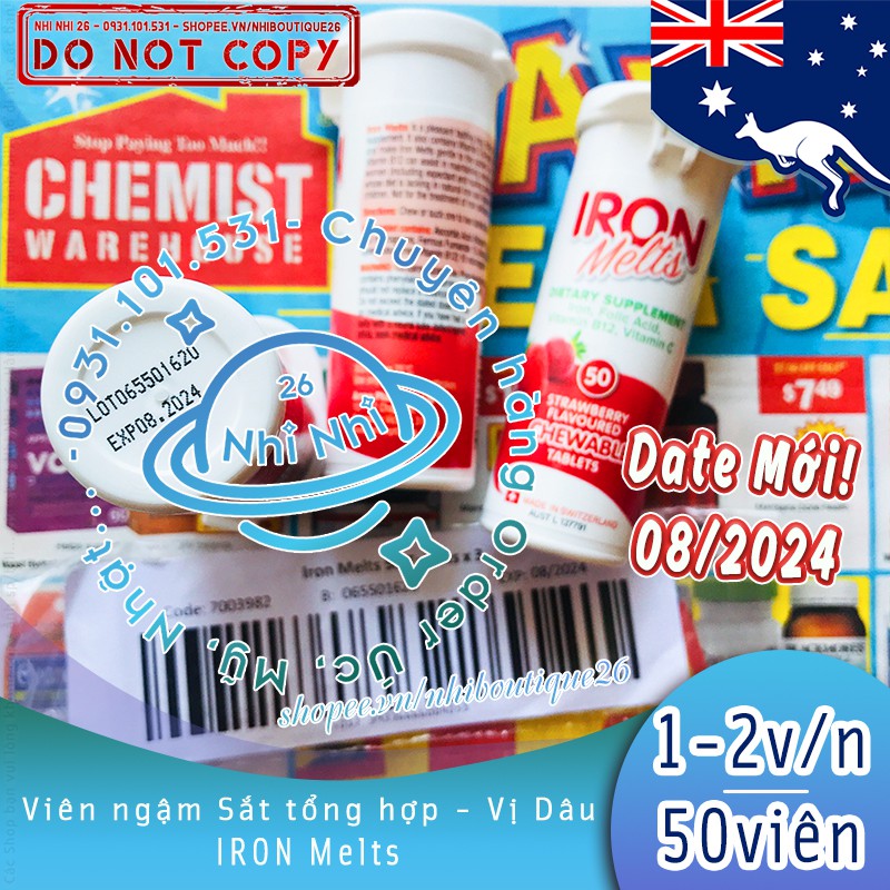 HSD: 11/2024 Sắt ngậm vị dâu Iron Melts - 50 viên  Chuẩn Chemist Warehouse - Úc
