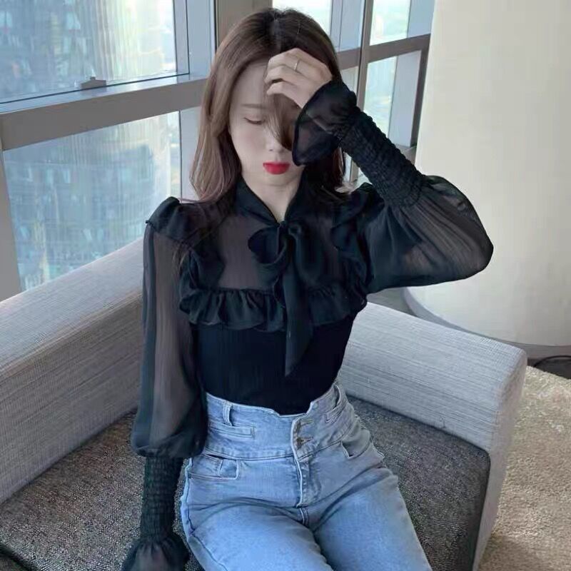 Áo Sơ Mi Mỏng Tay Dài Thắt Nơ Phong Cách Hàn Quốc Thời Trang Cho Nữ