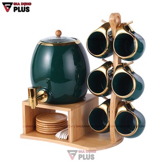 Hàng có sẵn bộ bình đựng nước kèm tách bằng gốm sứ & kệ gỗ sang trọng | màu xanh ngọc lục bảo cao cấp gốm sứ cao cấp