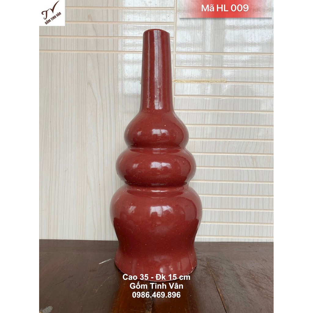 Hồ lô thu lôi chống sét, mã HL009, hồ lô 3 bầu tròn, men đỏ mận, cao 35 cm, đk 15 cm, gốm xây dựng bát tràng cao cấp