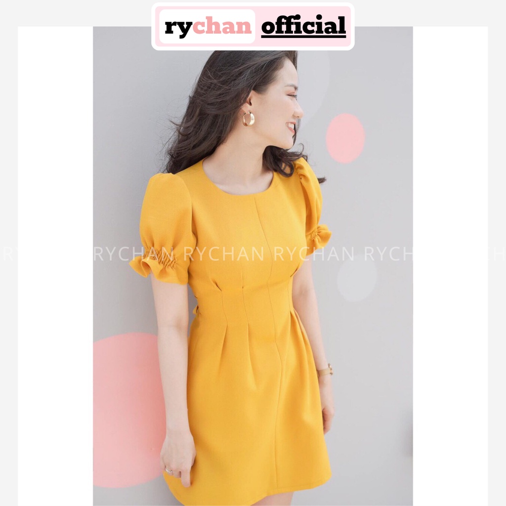 DX870 - Đầm Xòe Xếp Li Cột Nơ Lưng Cổ Tròn Tay Ngắn Bo Chun 2 Màu Vàng Đỏ [ẢNH THẬT CUỐI]