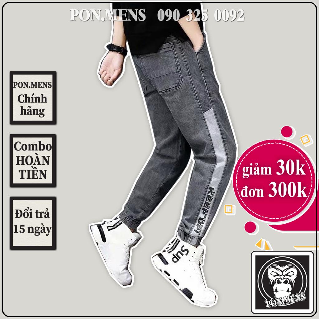 Quần Bò Jogger nam màu xám lông chuột chữ in bó gấu lưng chun 7027x pon.mens