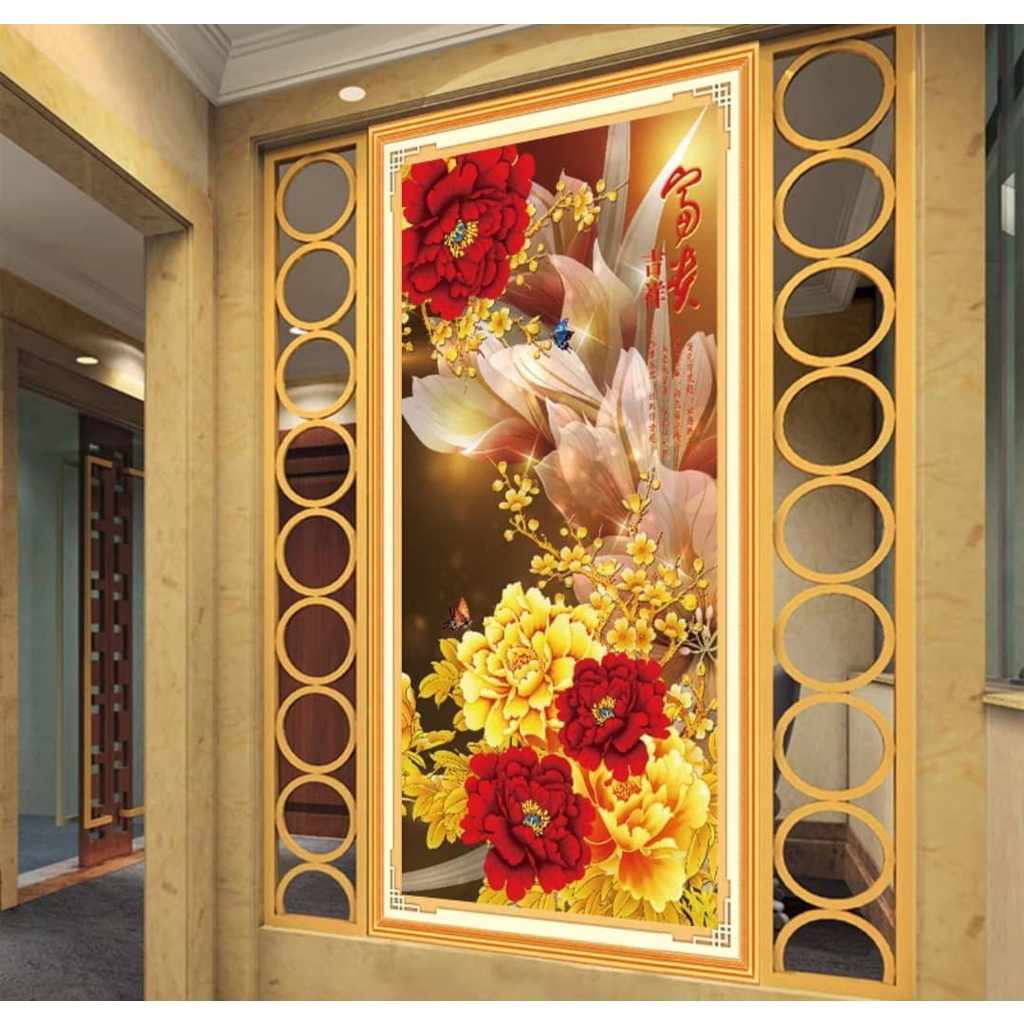 Tranh thêu chữ thập hoa mẫu đơn E100-50x90cm