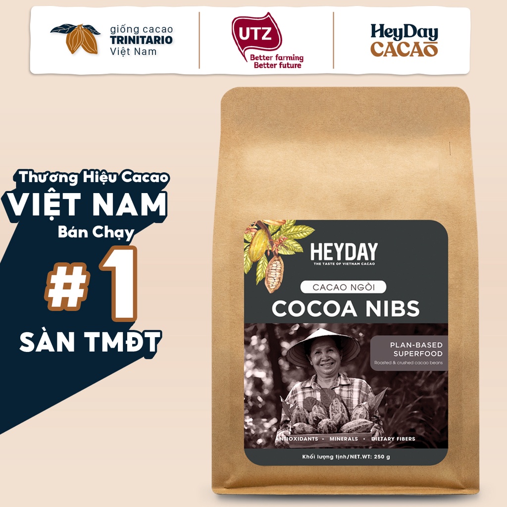 Cacao ngòi được rang tự nhiên HEYDAY CACAO túi 250g