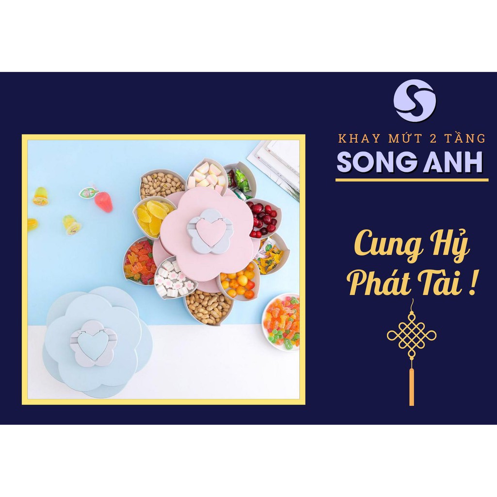 Khay Mứt Xoay, Hộp Đựng Mứt Tết Bánh Kẹo Mẫu Mới 2021 Song Anh 2 Tầng 10 Canh Có Rãnh Để Điện Thoại Màu Hồng