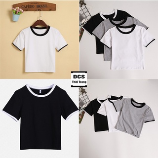 Áo croptop ôm trắng đen viền cổ