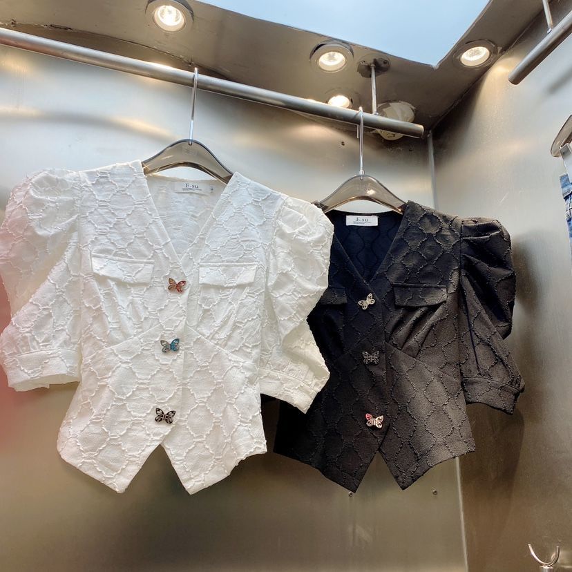 Cổ Phiếu Sẵn Sàng❤Ah F &amp; X Áo Sơ Mi Tay Phồng Cài Nút Hình Bướm Phong Cách Châu Âu Thời Trang Mùa Hè Phong Cách Phương Tây 2022