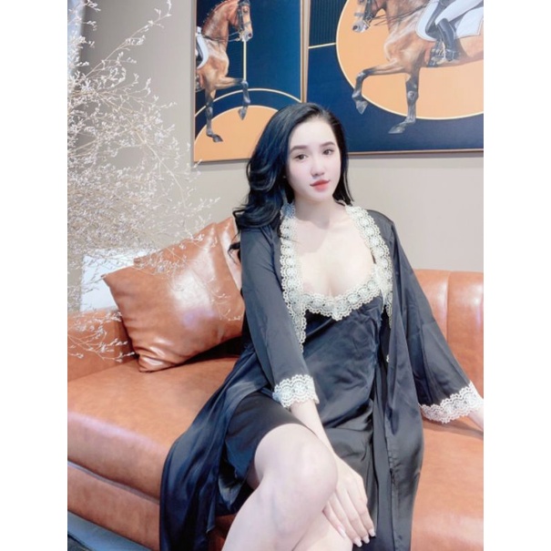 Đầm ngủ gợi cảm Sexy. Đầm kèm áo choàng Mẫu trơn Lụa Latin viền ren hoa Siêu Sang