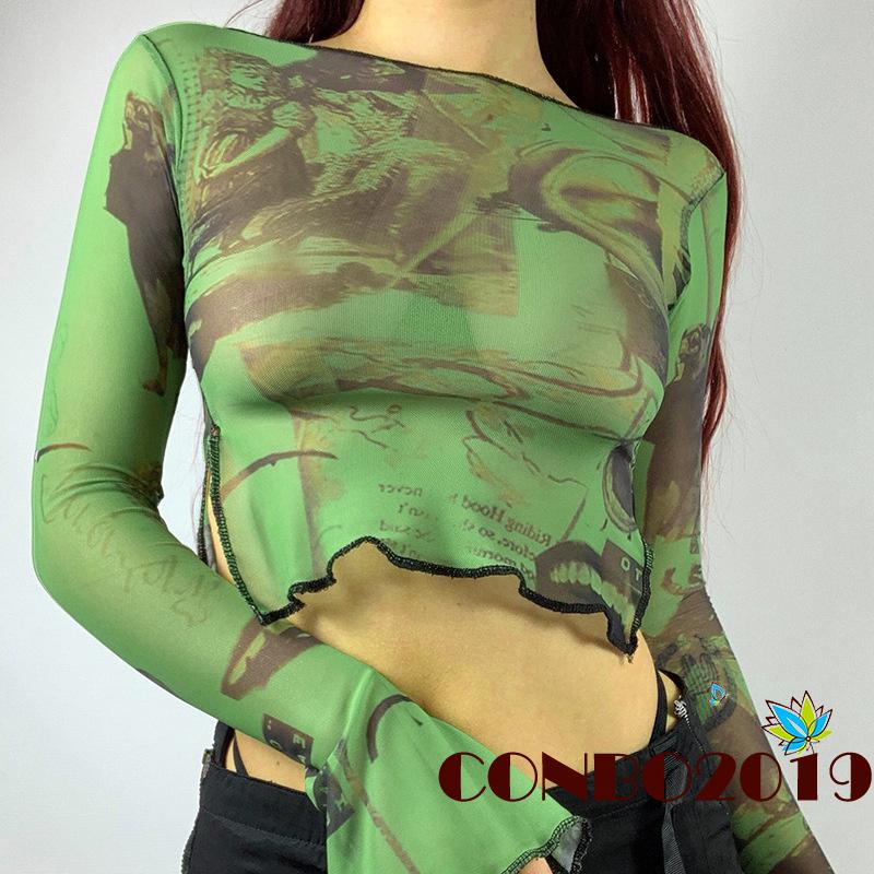 Áo Thun Tay Dài Hở Rốn Phối Lưới In Họa Tiết Thời Trang Cho Nữ