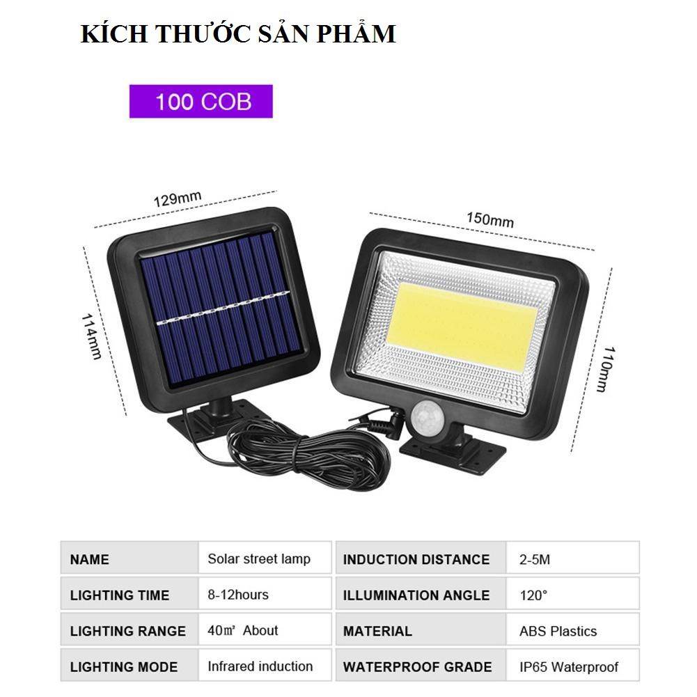 Đèn năng lượng mặt trời Solar 100 LED siêu sáng, 3 chế độ sáng pin tách rời có thể lắp gầm hiên cầu thang