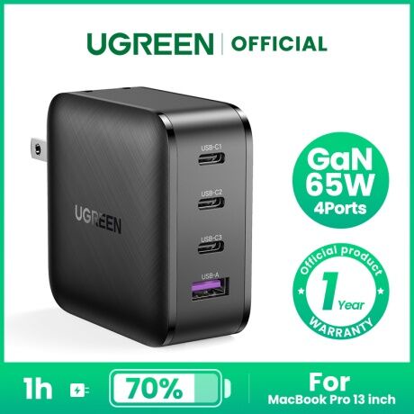 Cốc Sạc UGREEN 65W GaN 4 Cổng Sạc Nhanh Power PD 3.0 Dành cho iPhone, Samsung, Macbook, Laptop