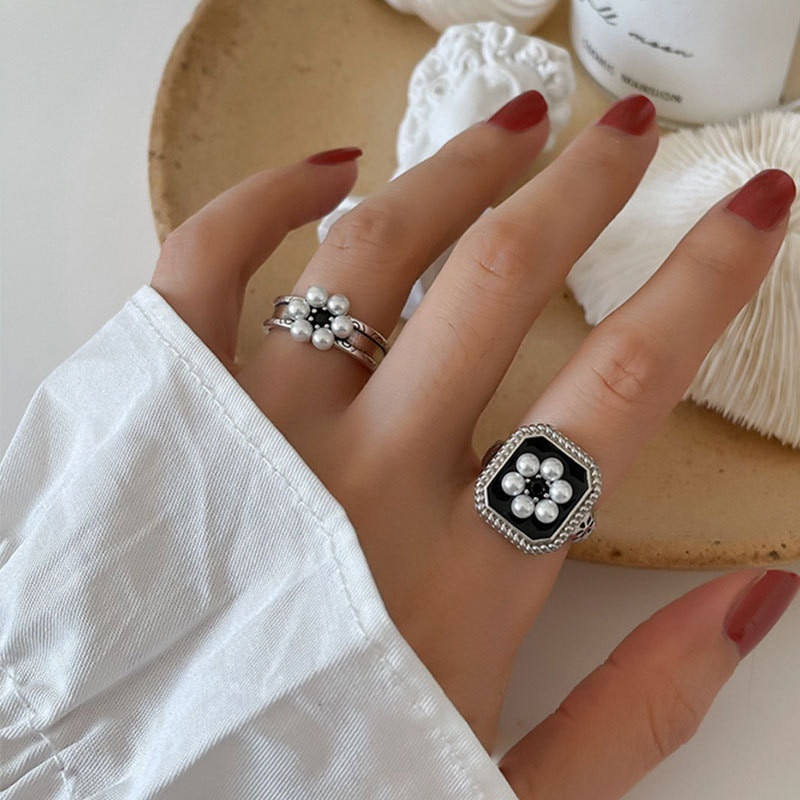 Nhẫn Bạc Họa Tiết Hoa Đính Ngọc Trai Cổ Điển Thời Trang Cho Nữ