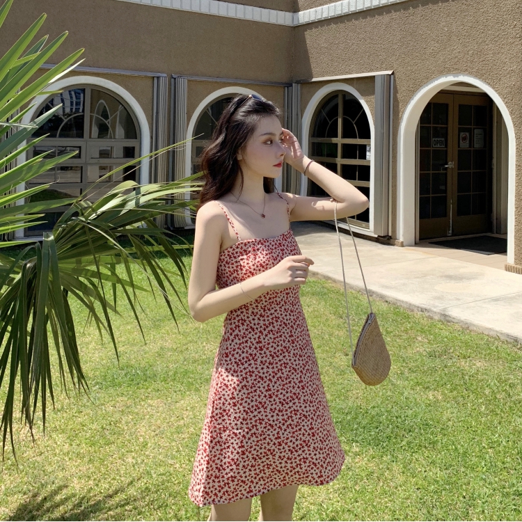 SUXI Đầm tiệc hai dây in họa tiết hoa thời trang Hàn Quốc