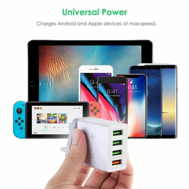 Sạc Dự Phòng Quick 3.0 Wall 4 Port USB Fast Charging Portable Adapter Multi-port British Regulations, Multi-USB Mobile Phone Travel Charger Sạc Iphone Android Type C