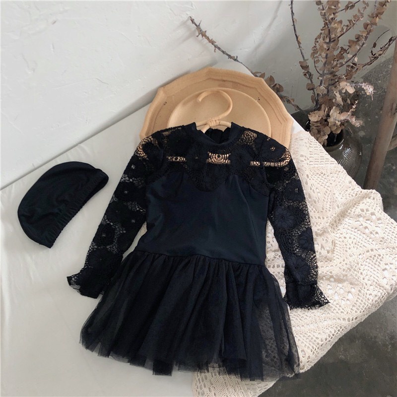 212003 Đầm bơi liền quần dài tay phối ren kèm mũ cho bé cao 80-140cm hàng nhập