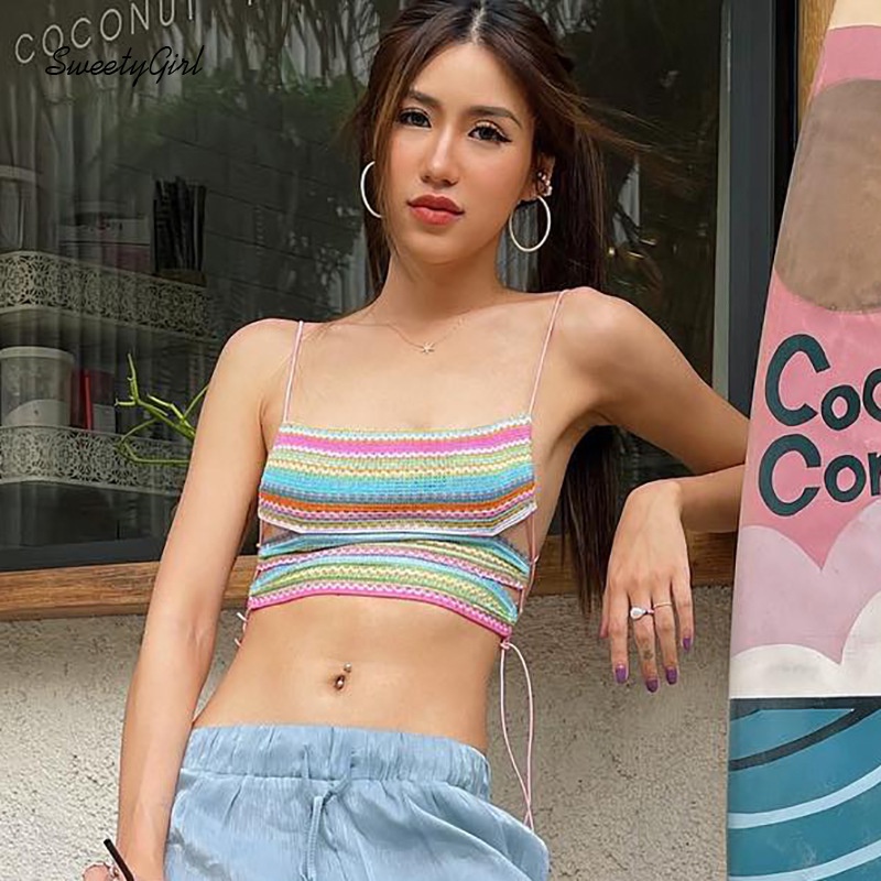 Áo Hai Dây Họa Tiết Kẻ Sọc Màu Sắc 2022 Thời Trang Quyến Rũ Cho Nữ