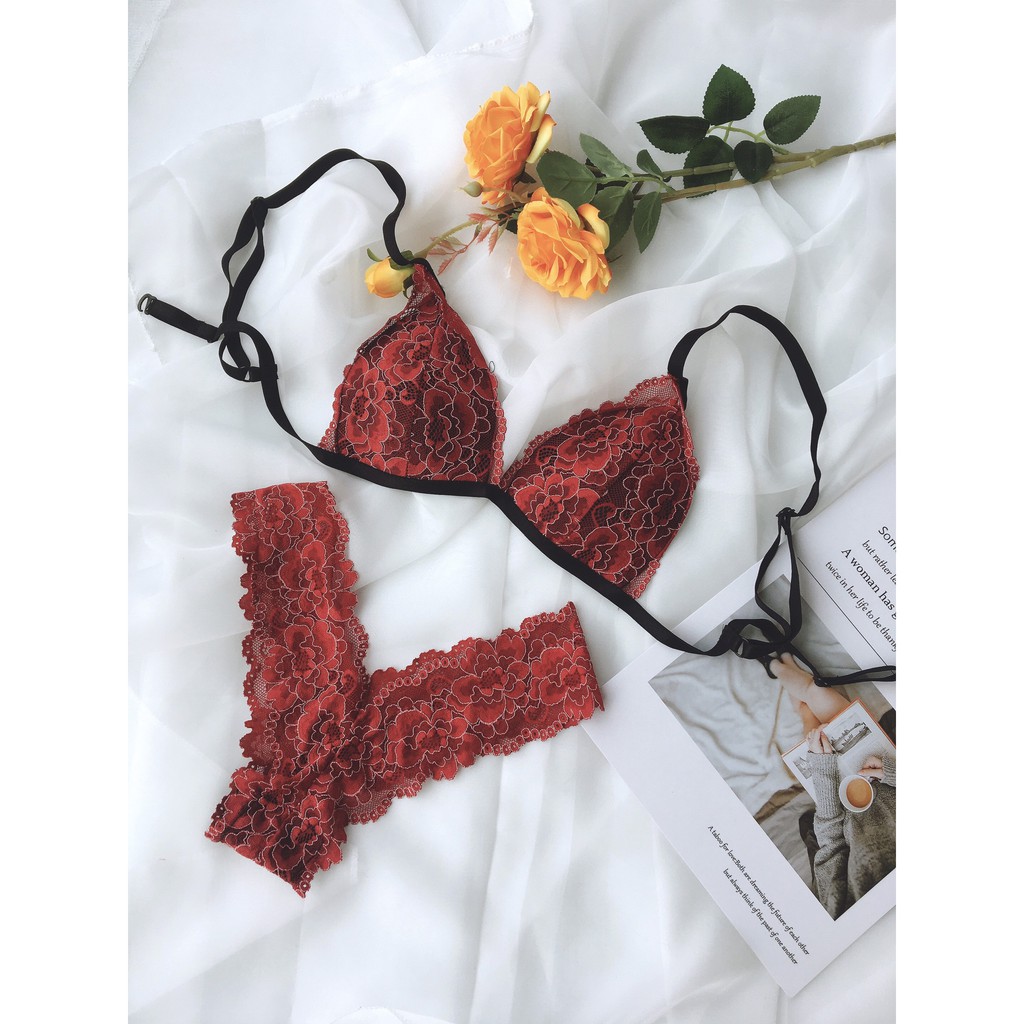 [SIÊU ĐẸP] BRALETTE - BỘ ĐỒ LÓT KHÔNG GỌNG ĐỎ MẬN [REN THUN CO GIẢN] - KIỂU QUẦN Y THONG