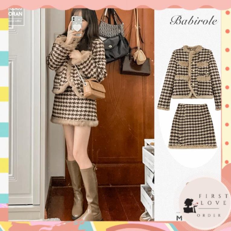 (firstlove ORDER) Set áo khoác dạ sọc caro MORAN phối viền lông vũ+ Chân váy dáng chữ A style Hàn Quốc (hàng mới về) 01