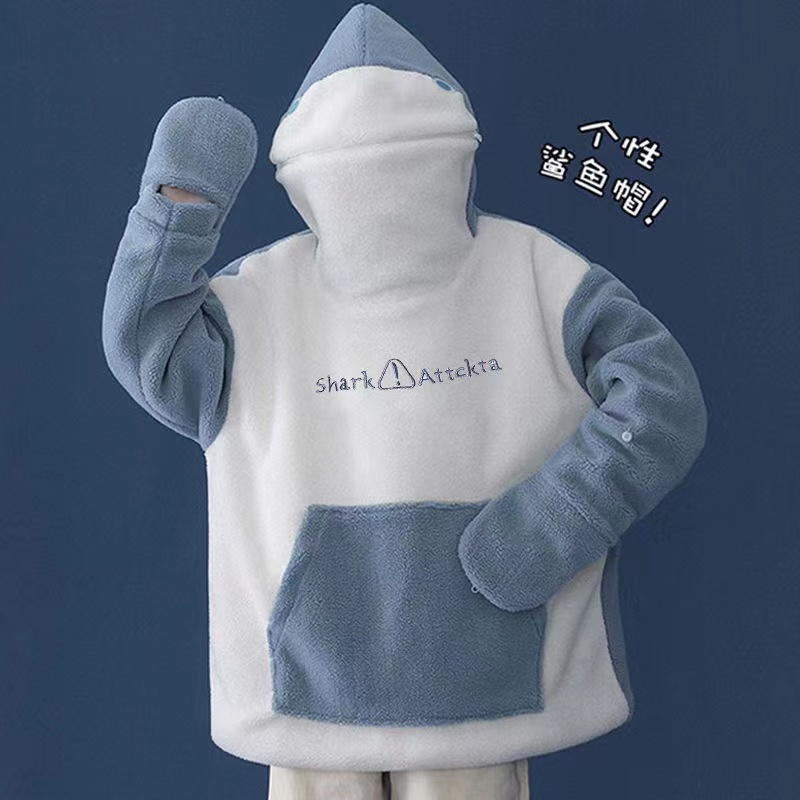 Áo Hoodie Giữ Ấm Phối Nón Cá Mập Phong Cách Hàn Quốc Cho Nam