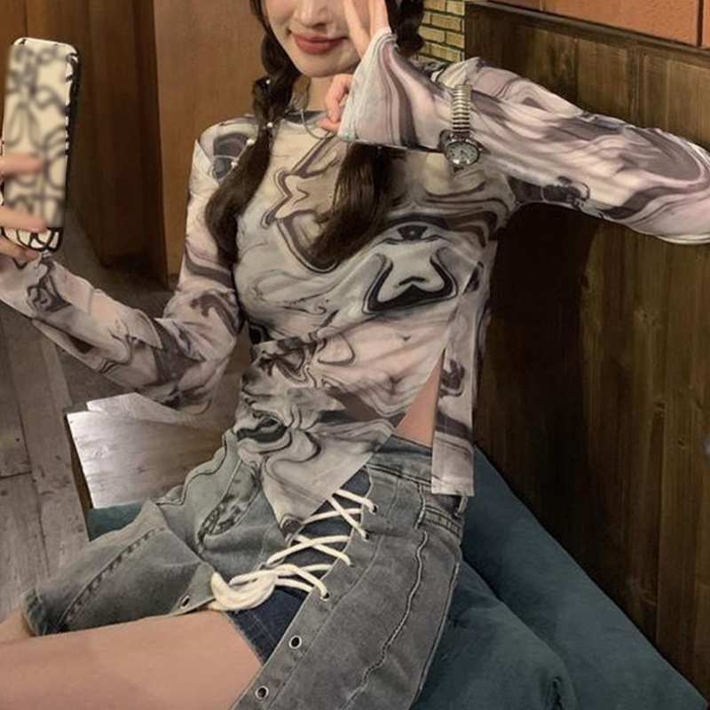 Áo Thun Tay Dài Phối Lưới Xuyên Thấu In Họa Tiết Thời Trang Quyến Rũ Cho Nữ