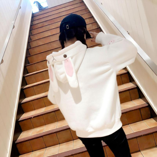 Áo Hoodie Dài Tay Dáng Rộng Phối Tai Thỏ Đáng Yêu Theo Phong Cách Nhật Bản