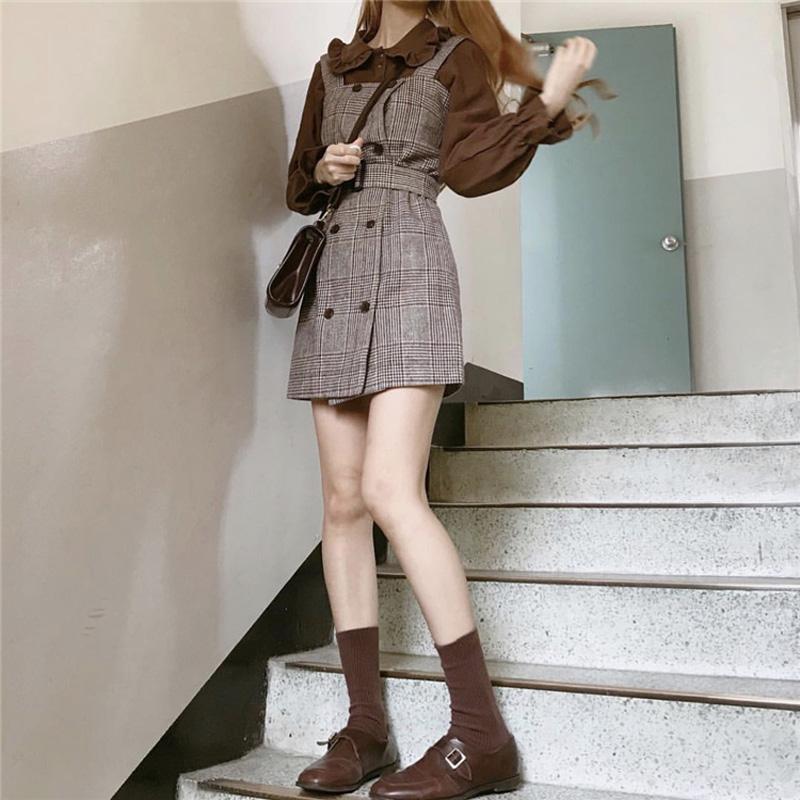 Autumn and Winter New Academy Style Age Reducing Design Shirt Plaid Strap Dress Small Two Piece Suit