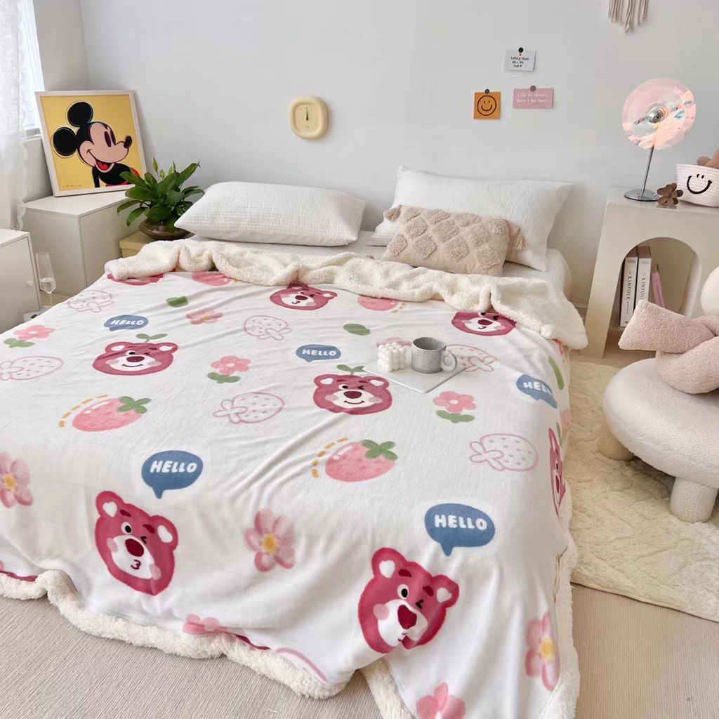 Chăn Lông Cừu Hoạ Tiết Xinh Xắn Dễ Thương Ấm Áp, Chăn Lông Cừu Họa Tiết Vintage Siêu Ấm Kích Thước 2mx2m3