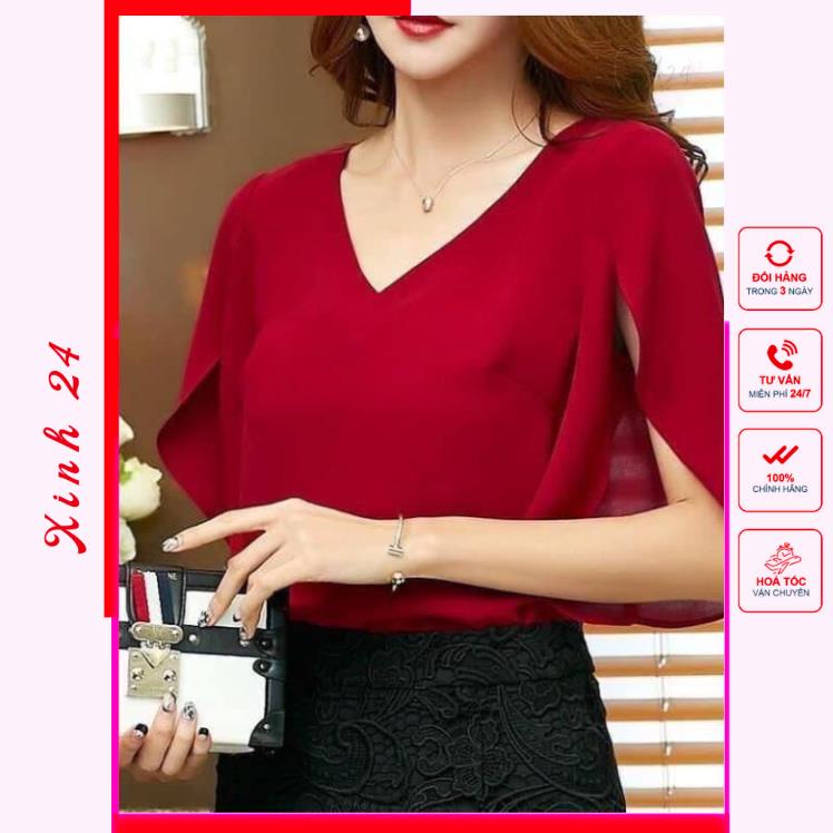 Áo kiểu nữ, áo sơ mi nữ cổ tim, thiết kế tay xẻ tà cách điệu | BigBuy360 - bigbuy360.vn
