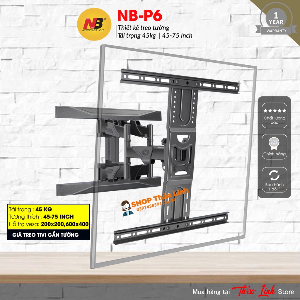 Khung treo Tivi North Bayou NB - P6 - Xoay đa năng 45 - 75 inch - Chính hãng bảo hành 12 tháng