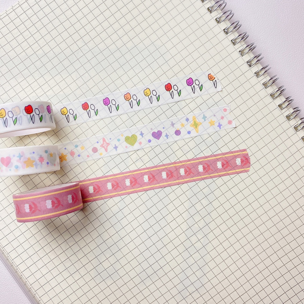 Cuộn Băng Keo Dán Họa Tiết Gấu/Hoa Tulip/Gấu Hoạt Hình 3m Kiểu Hàn Quốc Trang Trí Sổ Tay DIY