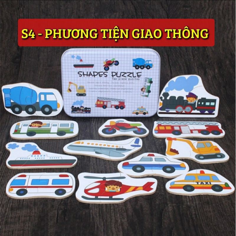 Ghép hình puzzle 2 mảnh hộp sắt Phương tiện giao thông - đồ chơi giáo dục xếp hình lắp ráp