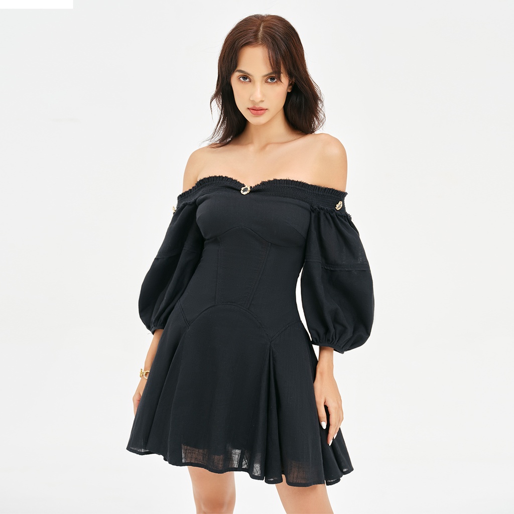 DEAR JOSÉ - Đầm ngắn trễ vai tay phồng Charlotte vải linen đen