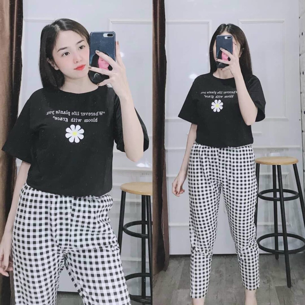 Đồ bộ nữ đẹp, Đồ bộ mặc nhà thun cotton thêu HOA CÚC SDB05 - Chất thun co giãn thoải mái - Sumon Shop