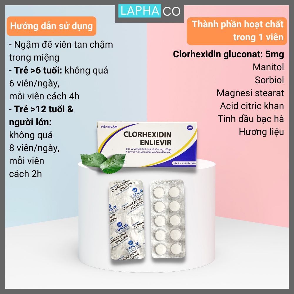Viên ngậm Clorhexidin Enlievir hỗ trợ bảo vệ hầu họng, giảm ho, giảm mùi hôi, tạo cảm giác the mát dễ chịu hộp x 30 viên