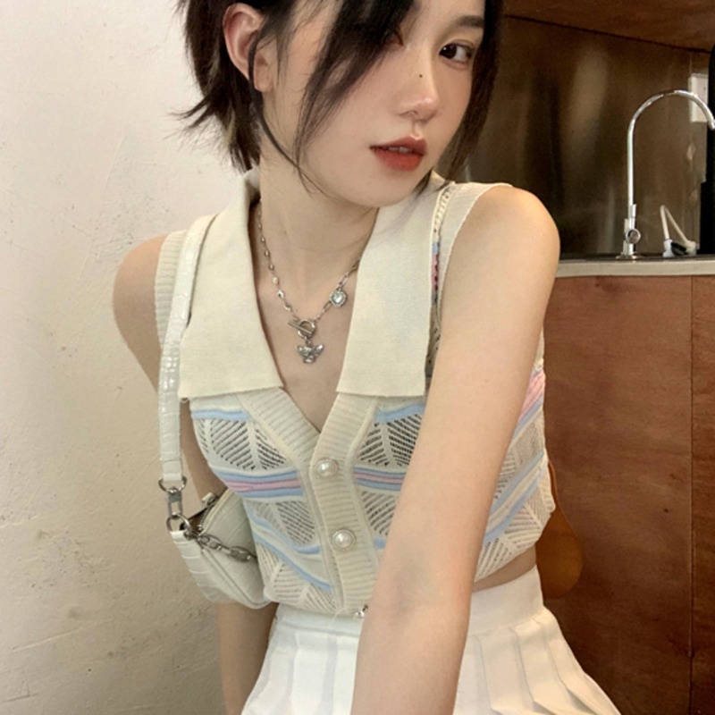 Áo Dệt Kim Sát Nách Cổ Chữ V Thời Trang Xinh Xắn Cho Nữ