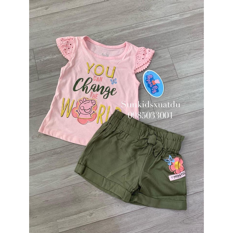 Bộ Peppa hồng tay phối ren