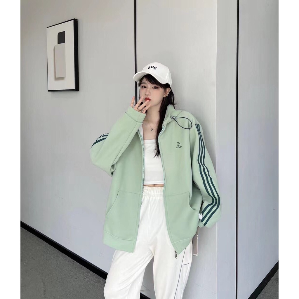Áo khoác nỉ ngoại 3 sọc thêu 35 unisex [FREESHIP] Khoát hoodie zip form rộng tay bồng kiểu dáng thể thao peonyb ulzzang