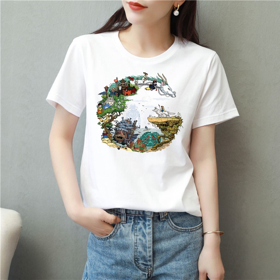 Áo thun nam nữ tay lỡ vải cotton form rộng màu trắng Hạ Băng Designs - Ghibli 001