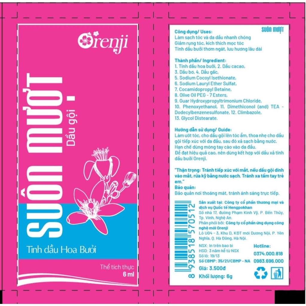 Combo 5 gói (6ml/gói) dầu gội đầu, dầu xả Orenji hương hoa hồng/hương bưởi/hương nước hoa, phù hợp du lịch, công tác.