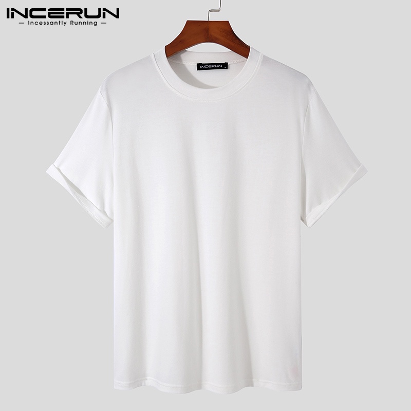 Áo nam INCERUN ngắn tay cổ tròn màu sắc đơn giản 4 màu lựa chọn