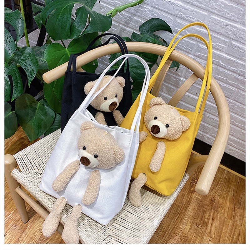 Túi xách vải đi học tặng kèm gấu bông giá học sinh phong cách vintage
