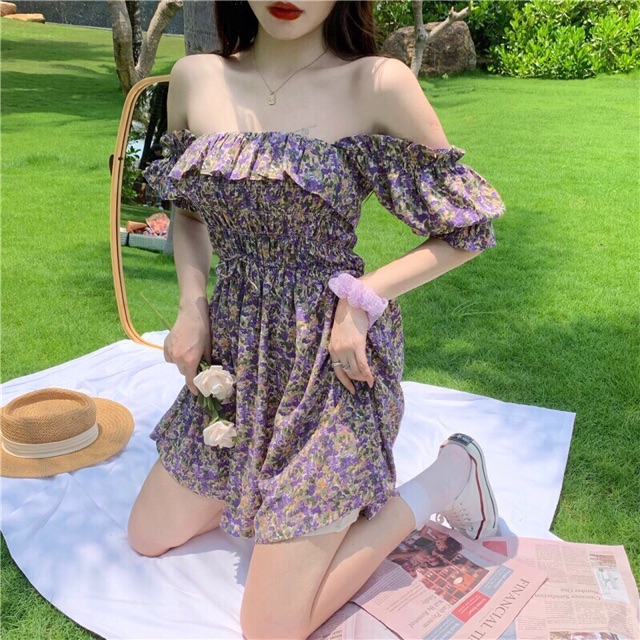 [ Mã FAMAYWA2 giảm 10K đơn 50K] Đầm ngắn bông lụa kiểu cổ bèo trễ vai tay ngắn loe | BigBuy360 - bigbuy360.vn