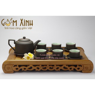 Ấm chén Bát Tràng_ Bộ trà tử sa Tích Phúc Lộc Thọ xanh