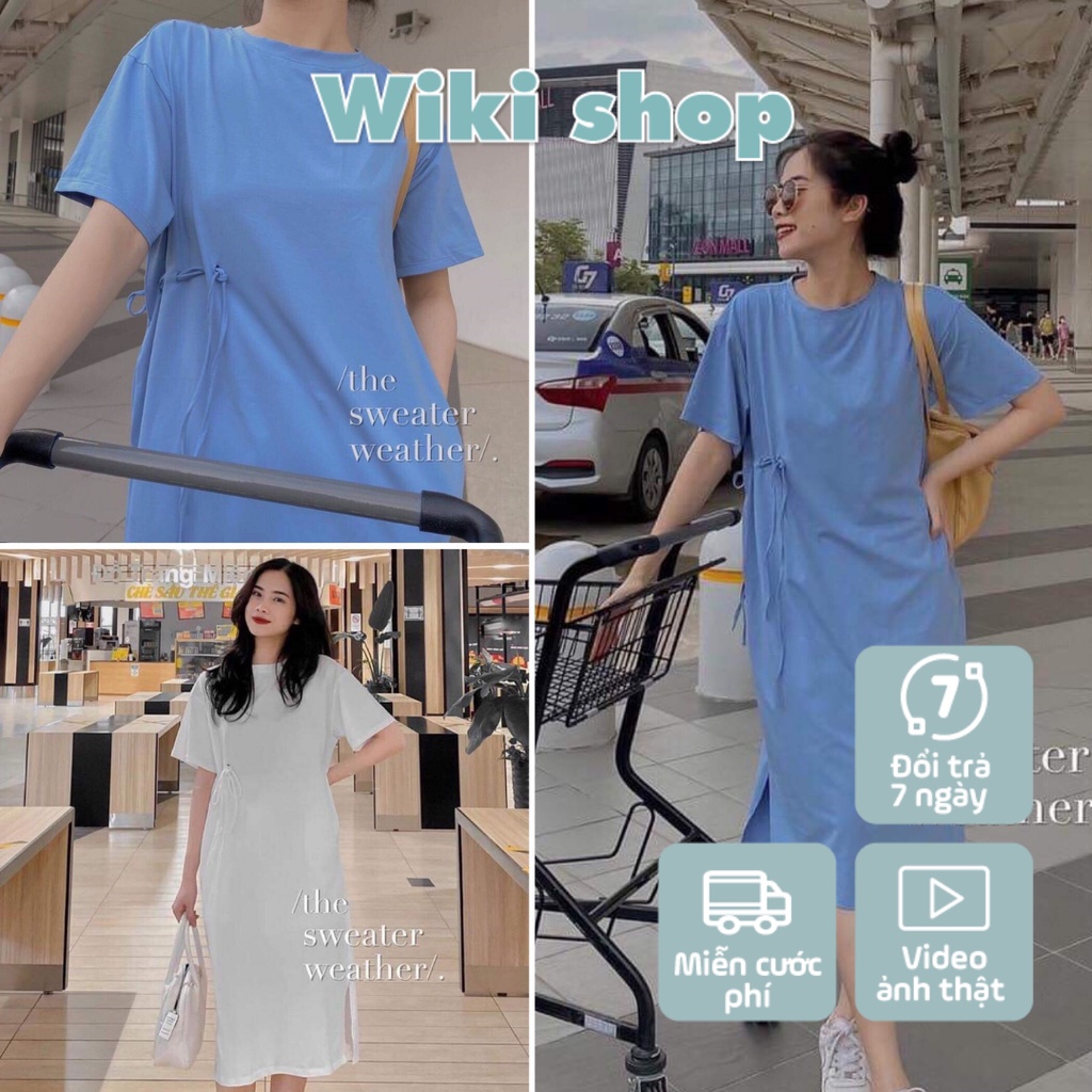 Váy thun buộc eo dáng suông - Váy đầm nữ cộc tay dáng suông rộng buộc eo xả tà sẵn kho 2 màu chất thun co giãn