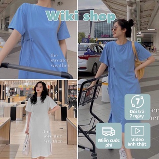 Váy thun buộc eo dáng suông - Váy đầm nữ cộc tay dáng suông rộng buộc eo xả tà sẵn kho 2 màu chất thun co giãn C369