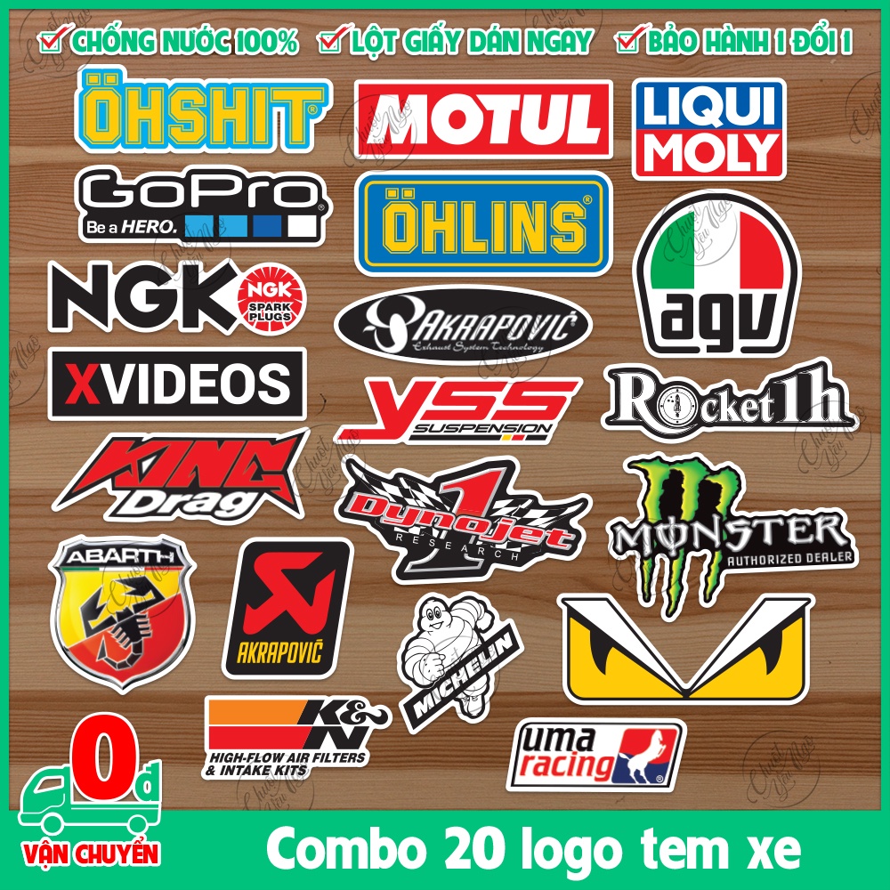 Combo 20 logo tem decal dán xe máy trang trí motul liqui moly gopro ohlins agv ys king drag fendi uma
