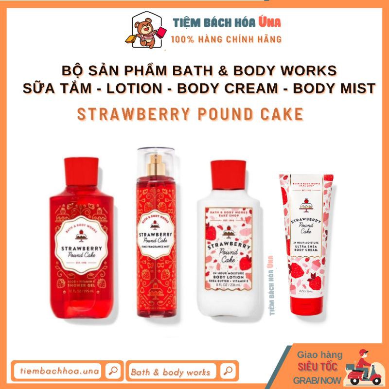 Bộ sản phẩm sữa tắm, lotion dưỡng ẩm, xịt toàn thân Body mist, body cream Bath and Body Works Strawberry Pound Cake